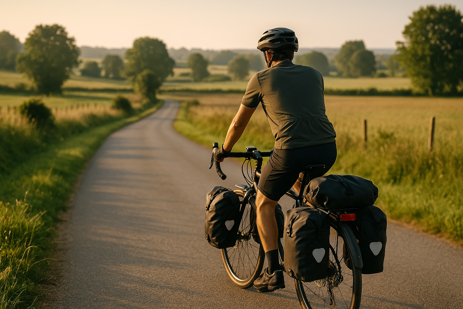 Cicloturisti che pedalano in campagna con borse da viaggio durante una giornata di sole