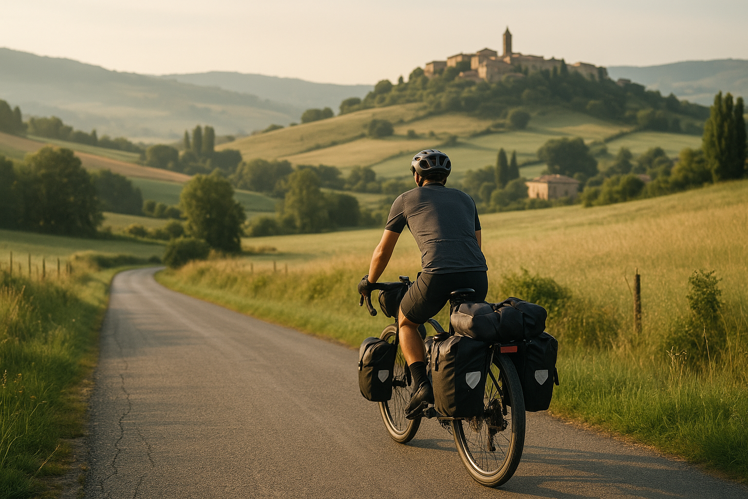 Cicloturista con borse su una strada panoramica tra colline e piccoli borghi