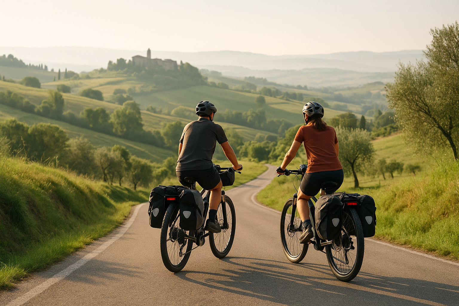 Cicloturisti in e-bike con borse da viaggio su strada collinare