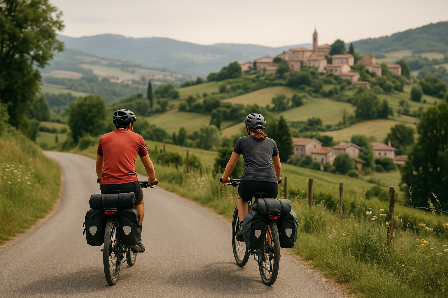 Cicloturisti su strada panoramica tra colline e borghi, esempio di turismo sostenibile in bicicletta