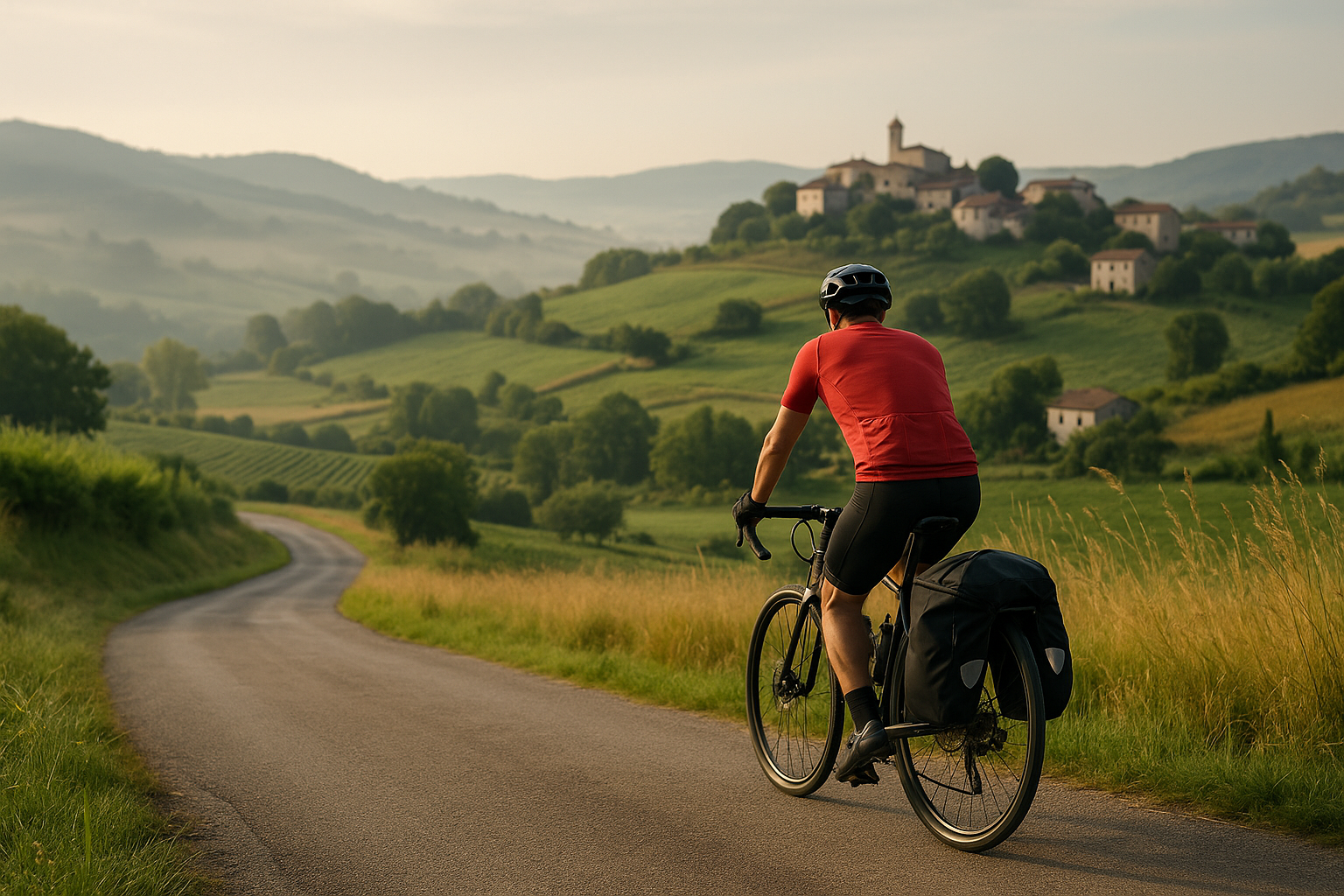 Cicloturista su strada secondaria tra colline e borghi in un territorio poco conosciuto