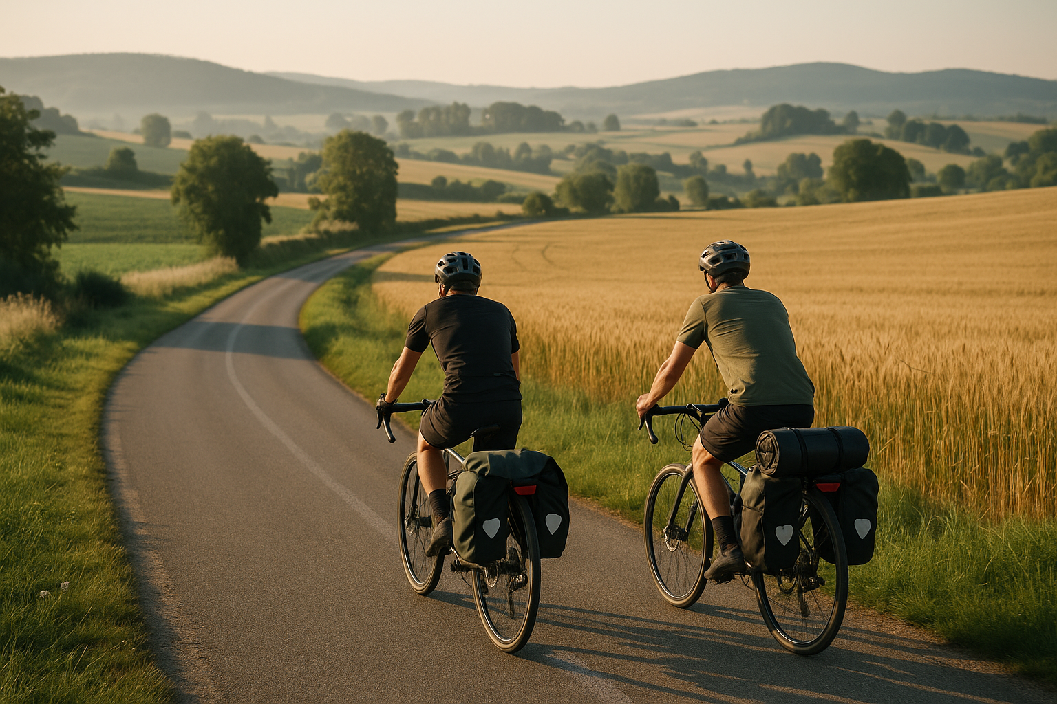 Cicloturisti in viaggio su un itinerario europeo tra campi e colline