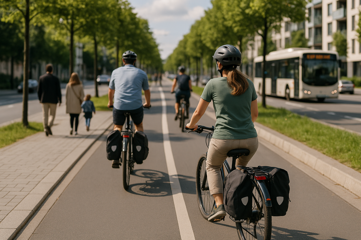 Pista ciclabile protetta in una città moderna con persone che pedalano e trasporto pubblico sullo sfondo