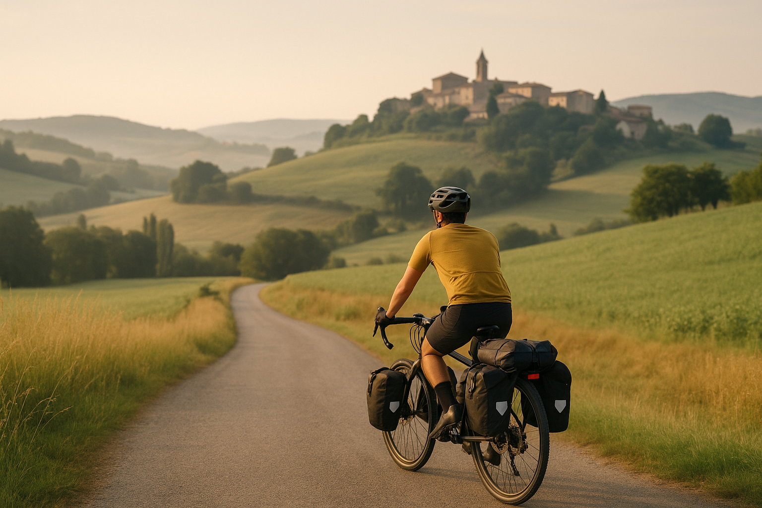 Ciclista in viaggio su strada secondaria tra colline e piccoli borghi