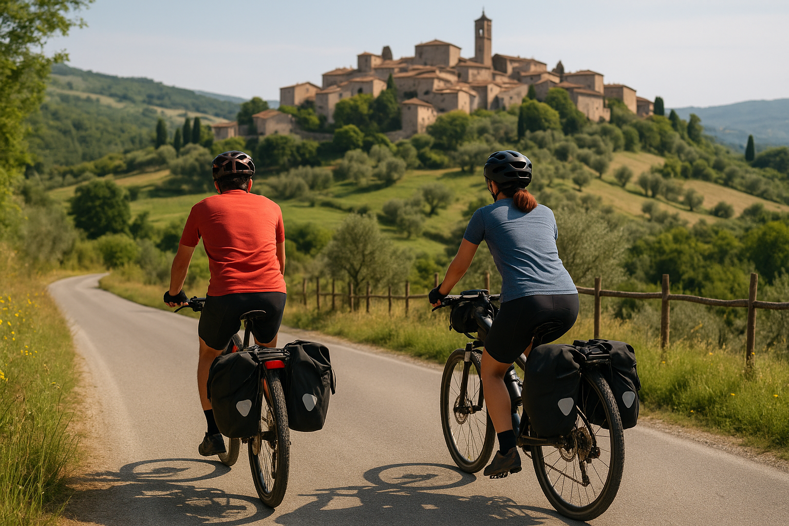 Cicloturisti che pedalano su una strada panoramica tra colline e borghi