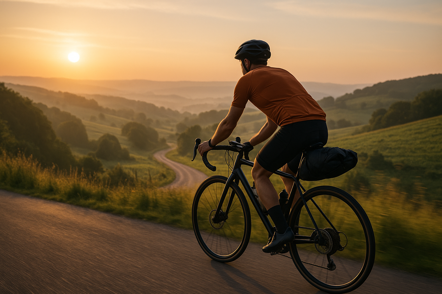 Ciclista su strada panoramica durante un’uscita di lunga distanza all’alba