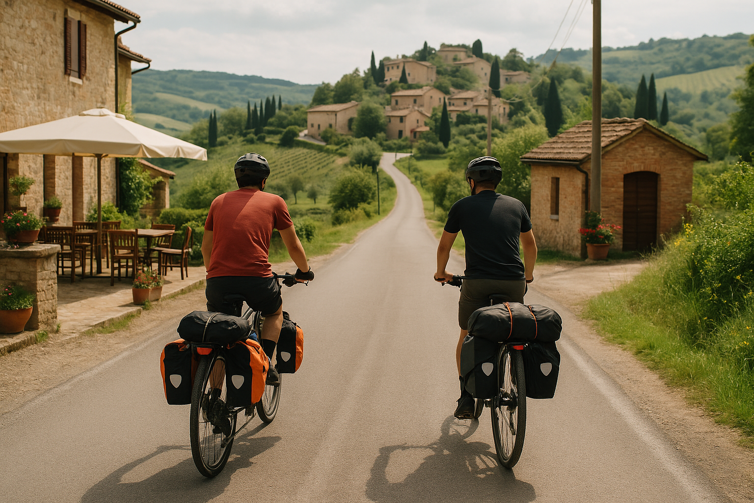 Cicloturisti su strada panoramica tra borghi e campagna, con attività locali lungo il percorso