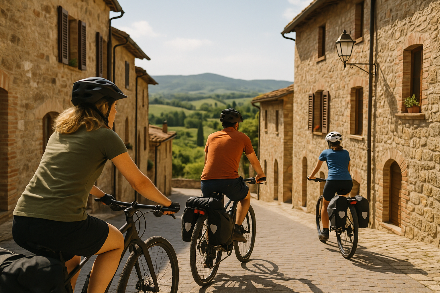 Cicloturisti in transito in un borgo italiano, simbolo dell’impatto del cicloturismo sul turismo locale
