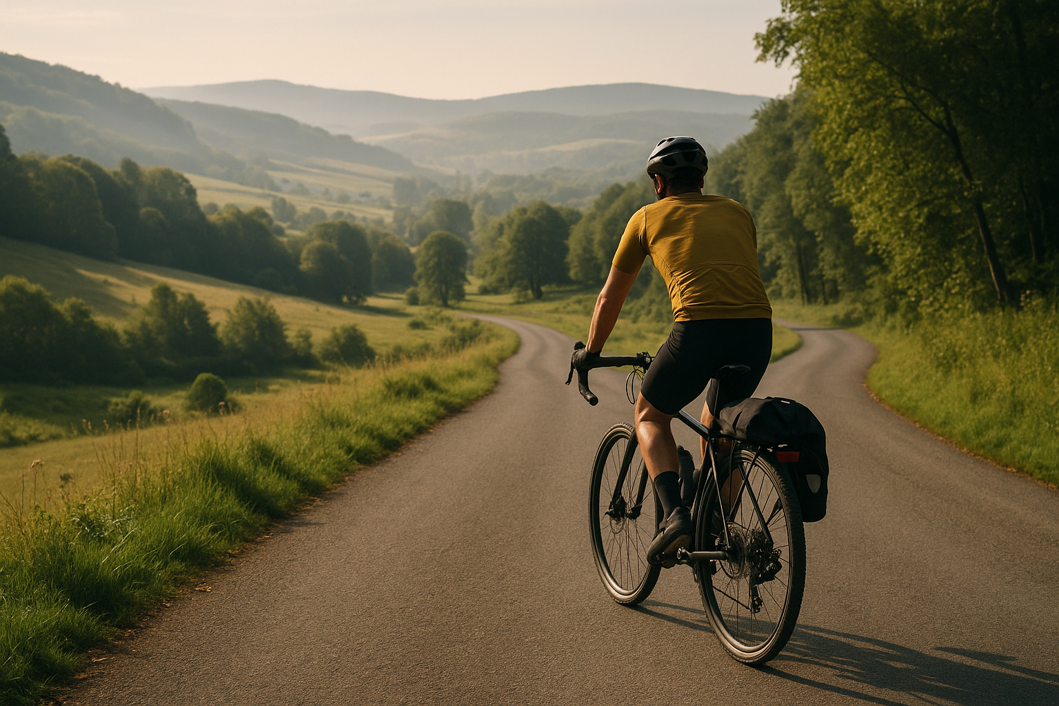 Ciclista su strada panoramica immersa nella natura tra colline e boschi