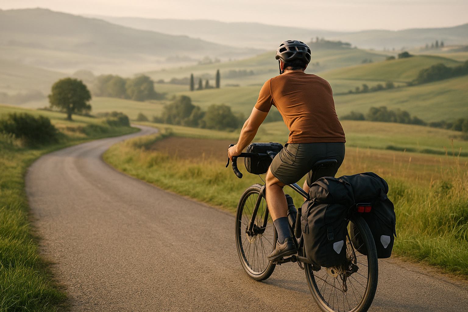 Cicloturista che pedala su una strada collinare tranquilla in un paesaggio rurale