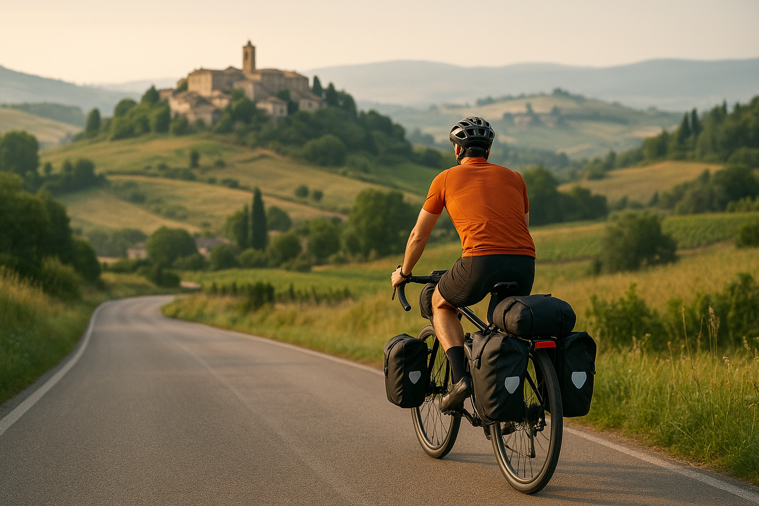 Cicloturista con borse da viaggio su strada panoramica tra colline e borghi