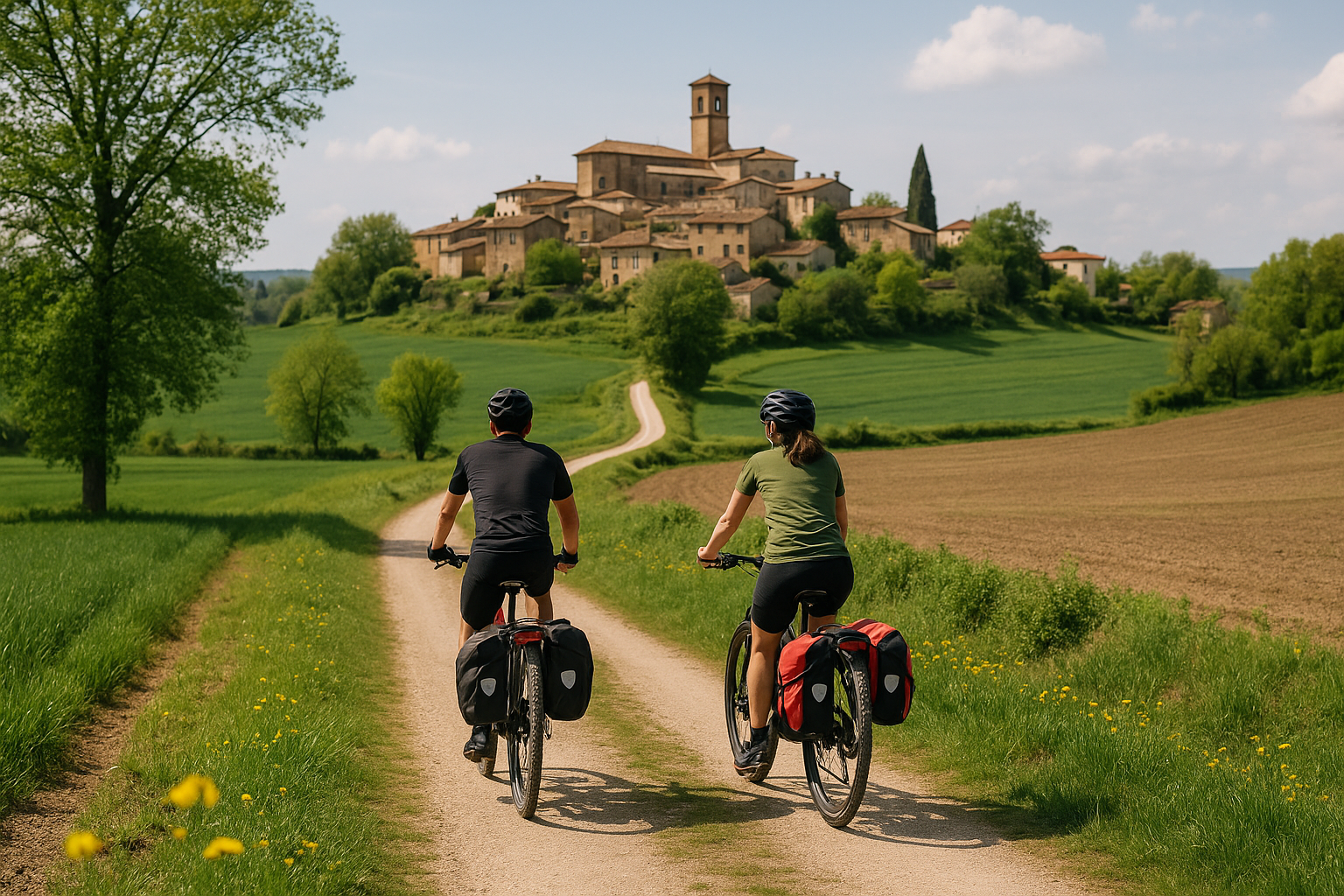 Cicloturisti lungo una ciclovia in campagna vicino a un borgo