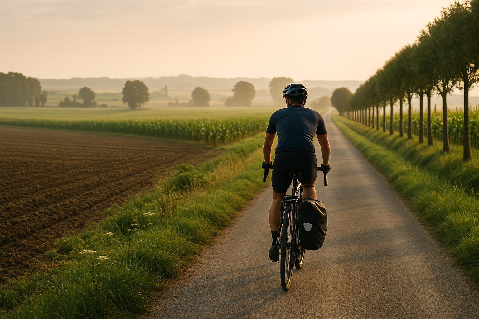 Ciclista che pedala su una strada di campagna tra campi coltivati e filari