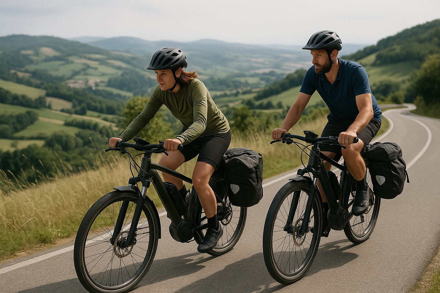 Cicloturisti in e-bike con borse da viaggio su una strada panoramica collinare