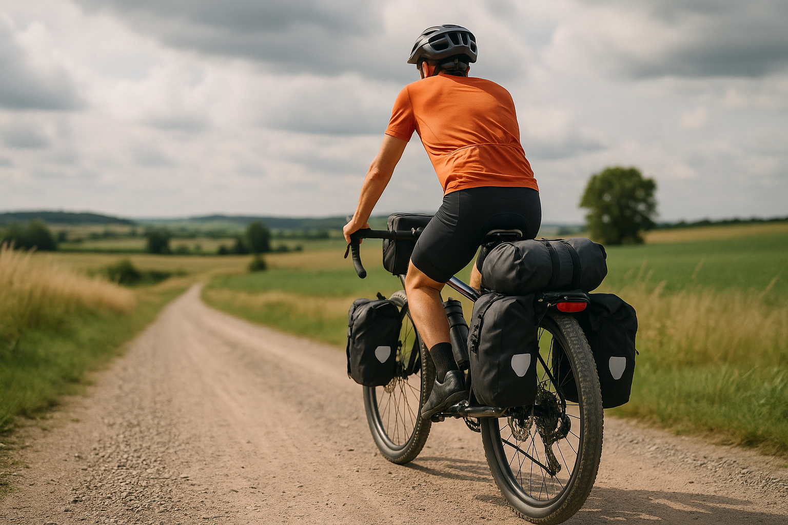 Viaggiatore in bici con bagagli su una strada di campagna durante un itinerario cicloturistico
