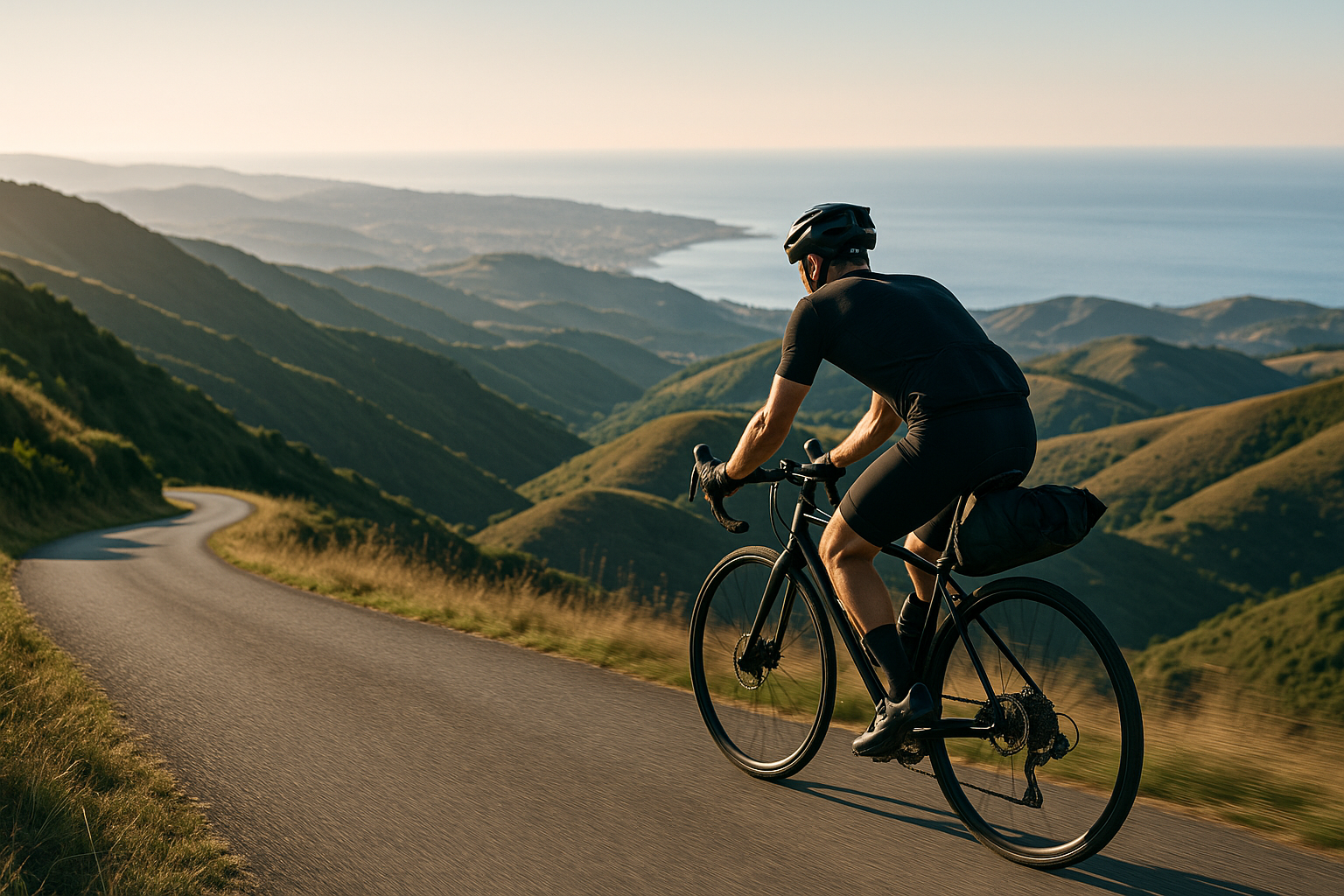 Ciclista su strada panoramica in cresta con vista su colline e mare
