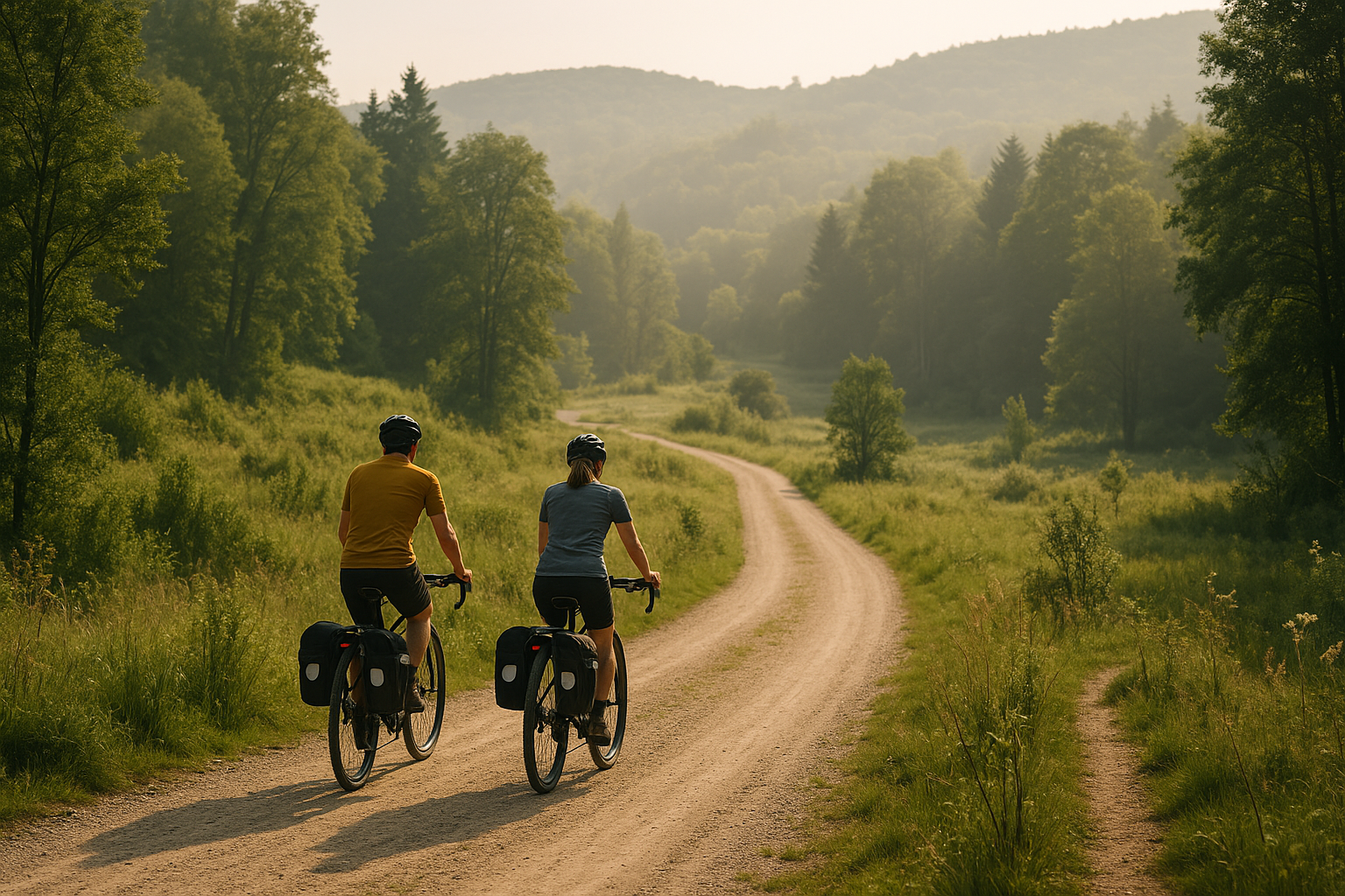 Cicloturisti pedalano su una strada bianca in un'area naturale tra boschi e colline