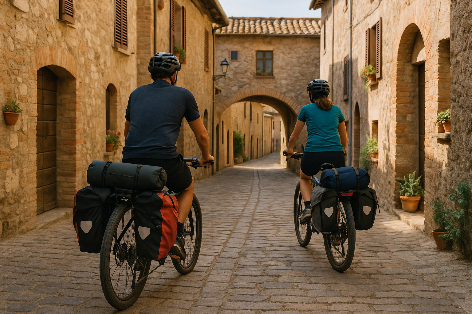 Cicloturisti in sella attraversano un borgo lungo una ciclovia, esempio di mobilità turistica in bicicletta