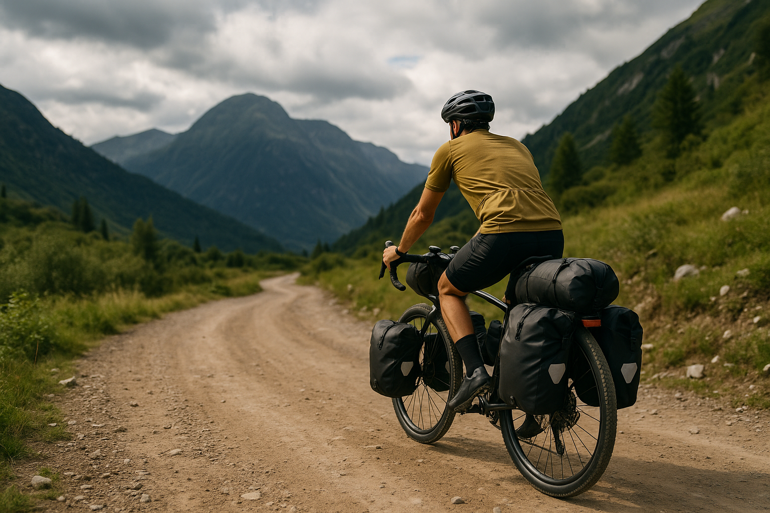 Bici da viaggio con borse su sterrato di montagna durante un itinerario avventura