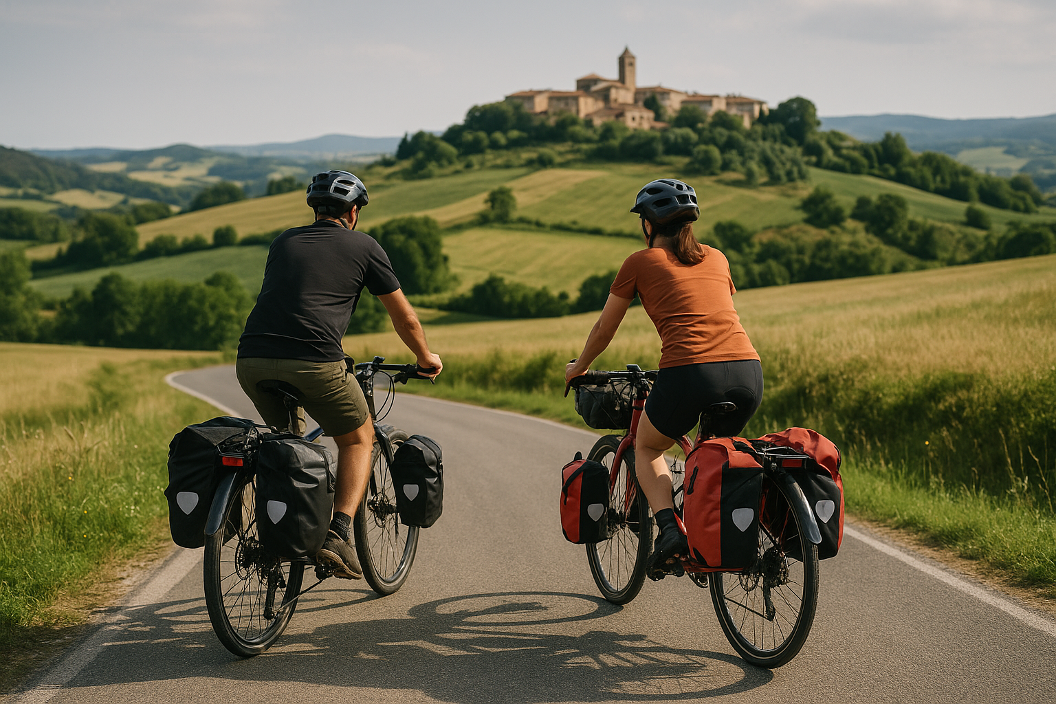 Cicloturisti in viaggio su strada panoramica di campagna con borse da bikepacking
