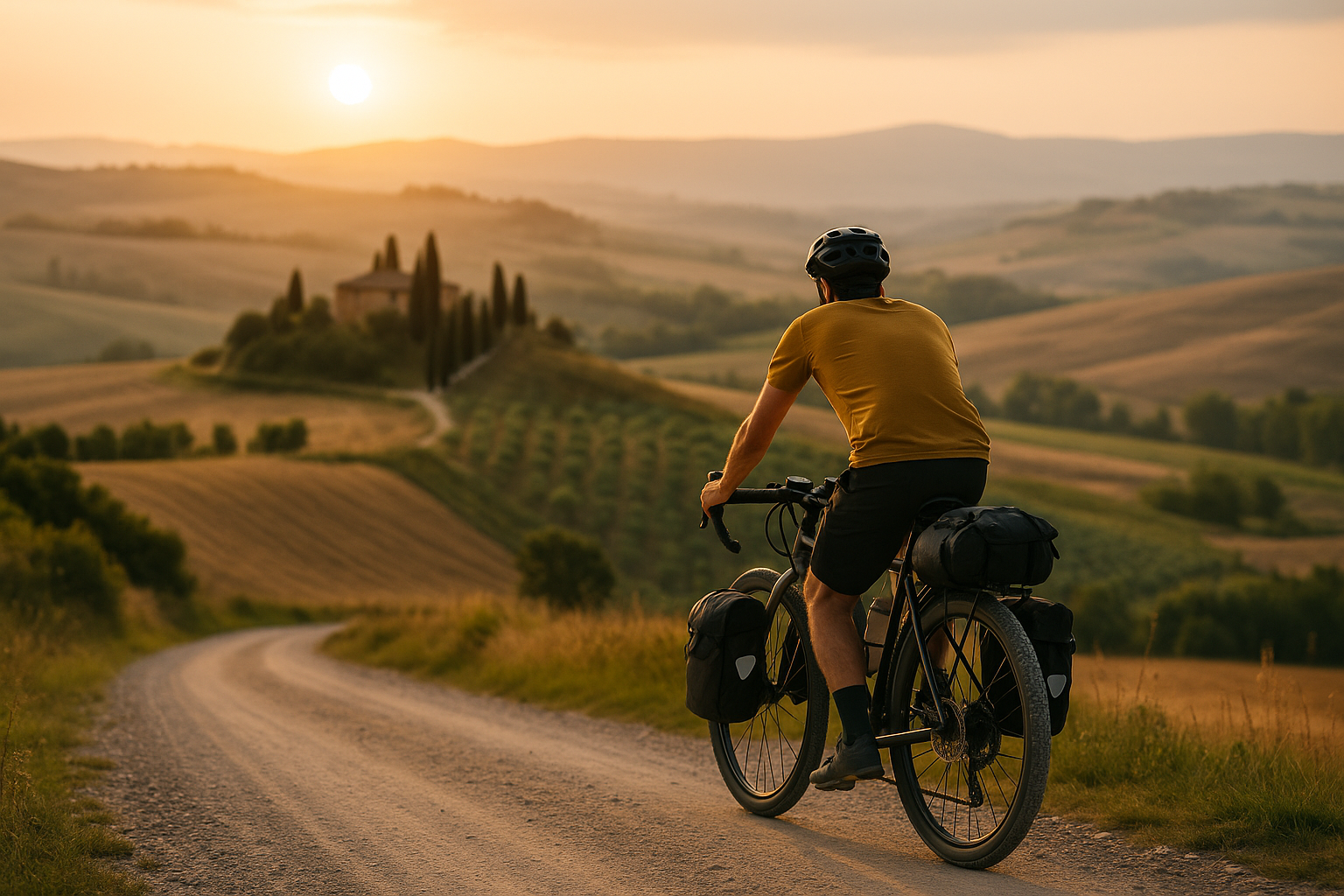 Cicloturista che pedala lentamente su una strada di campagna con borse da viaggio