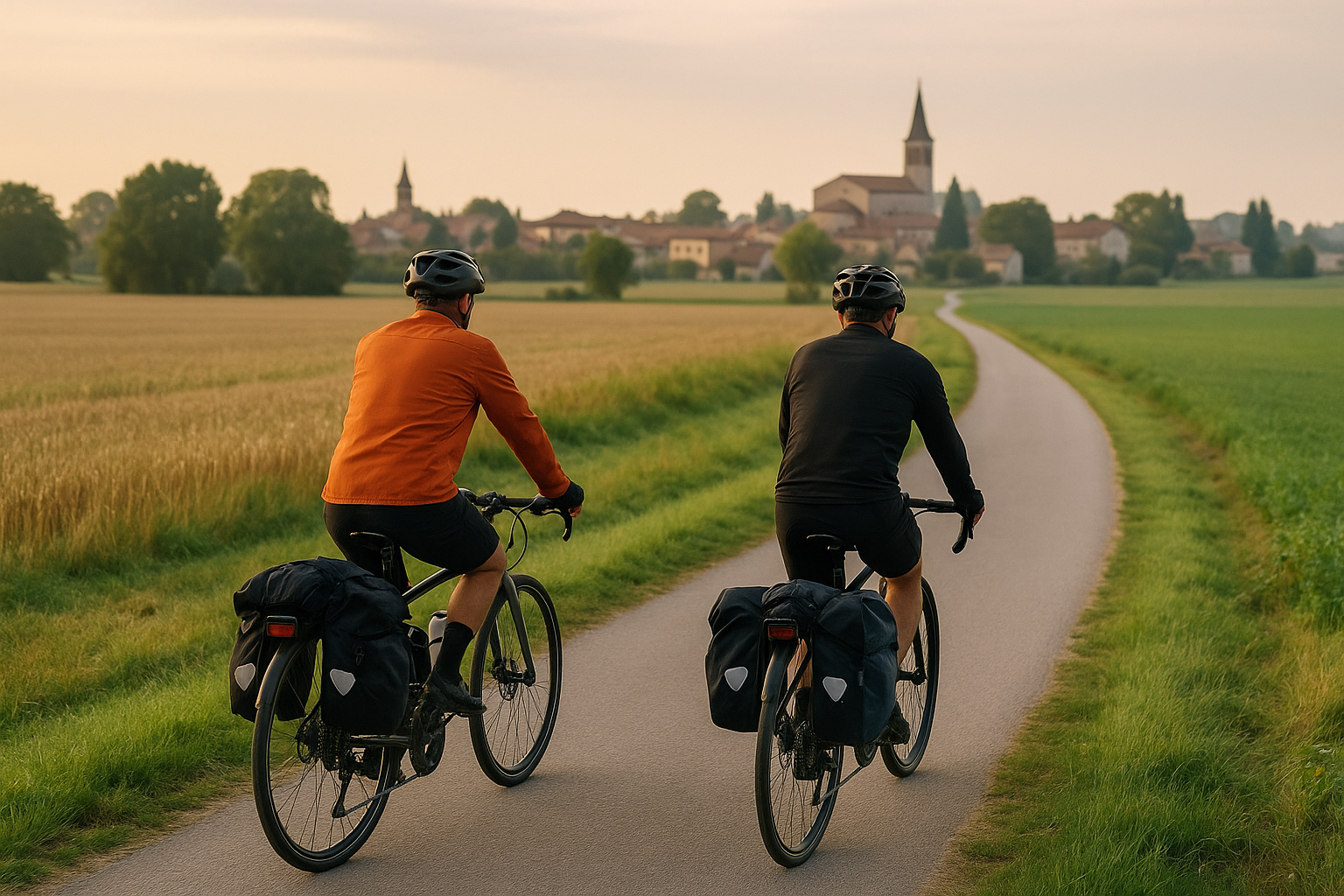 Ciclisti lungo un percorso ciclabile in territorio rurale tra campi e piccoli borghi