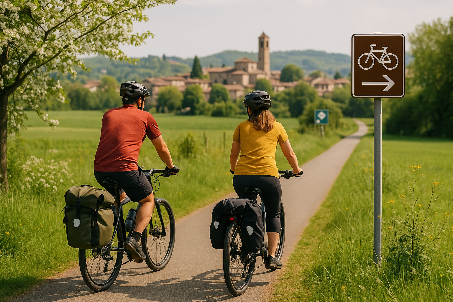 Cicloturisti su una ciclovia tra campagna e borghi, con segnaletica e aree di sosta