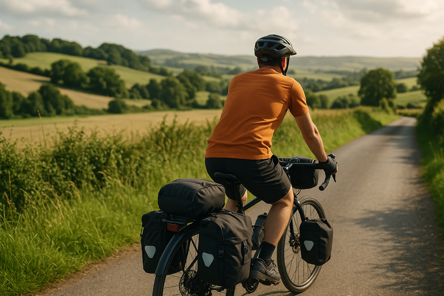 Cicloturista in viaggio su una strada di campagna con borse da bikepacking
