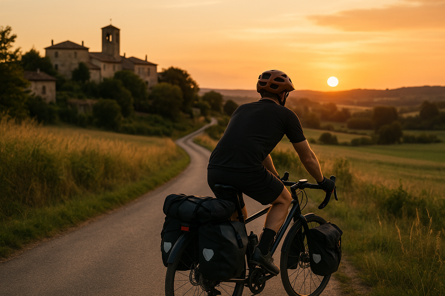 Cicloturista su strada di campagna con borse da viaggio vicino a un borgo al tramonto
