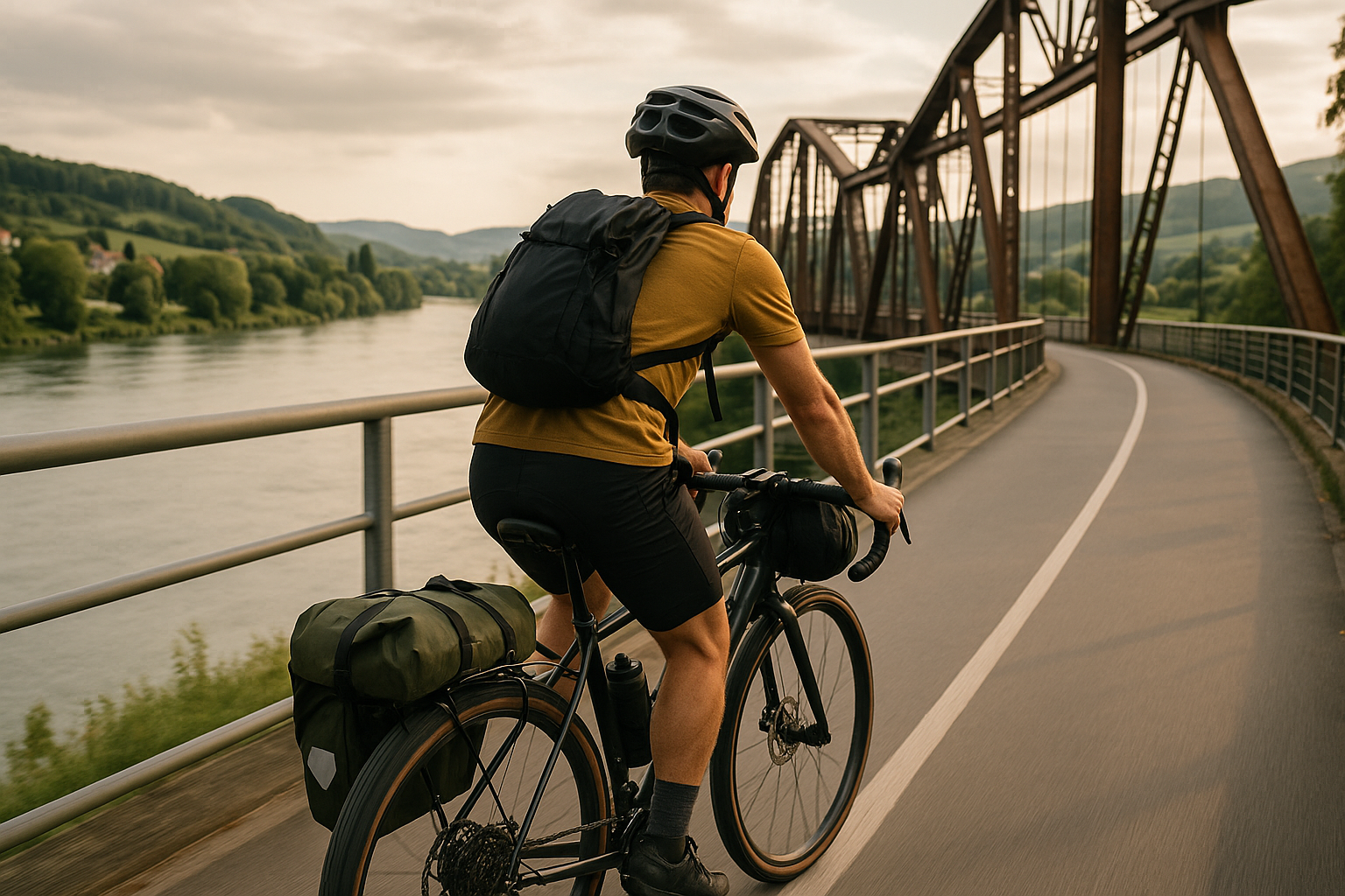 Ciclista su un grande itinerario ciclabile internazionale lungo un fiume, con ponte e paesaggio panoramico