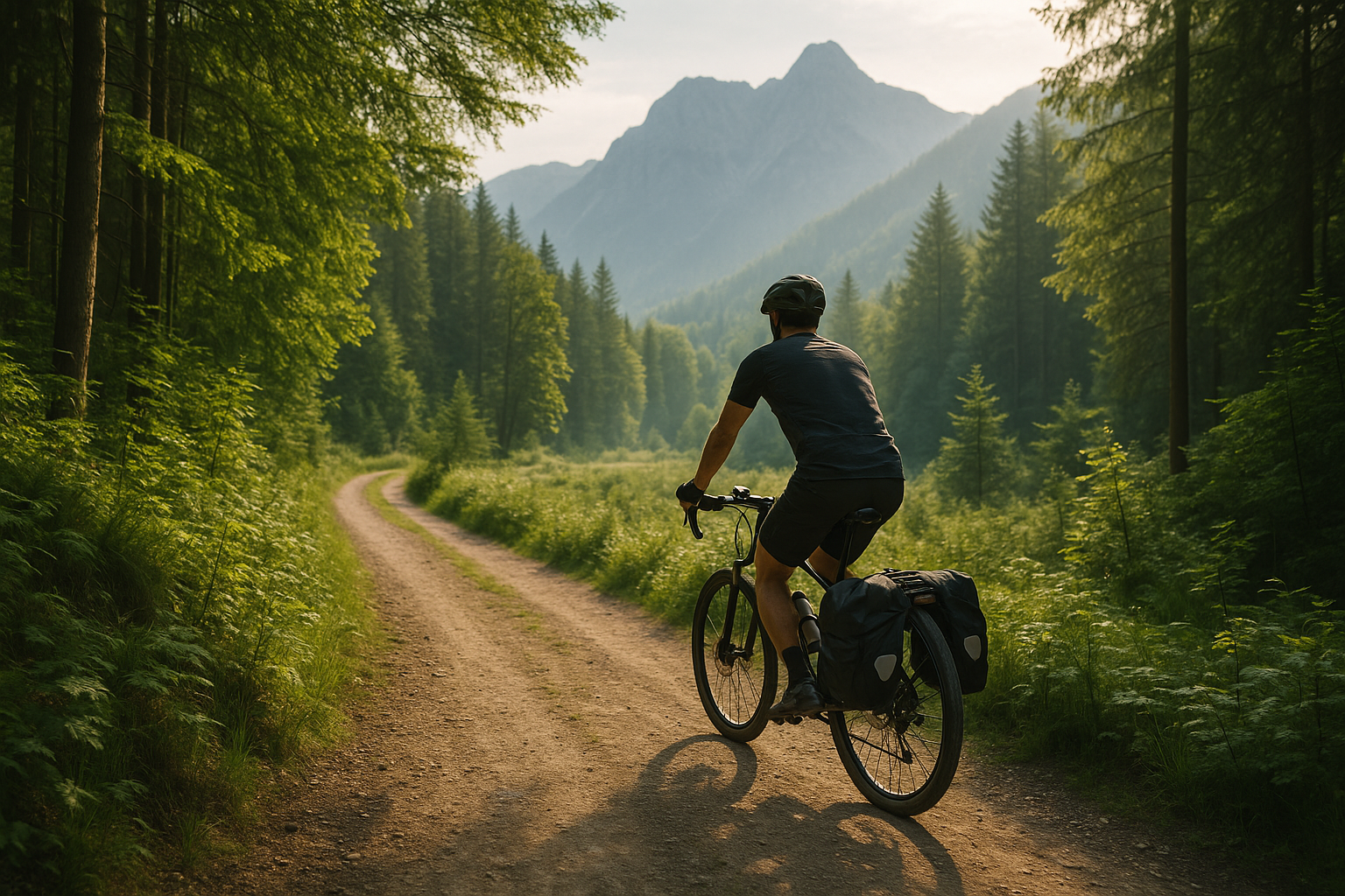 Ciclista su sterrato nel bosco al mattino, con montagne sullo sfondo
