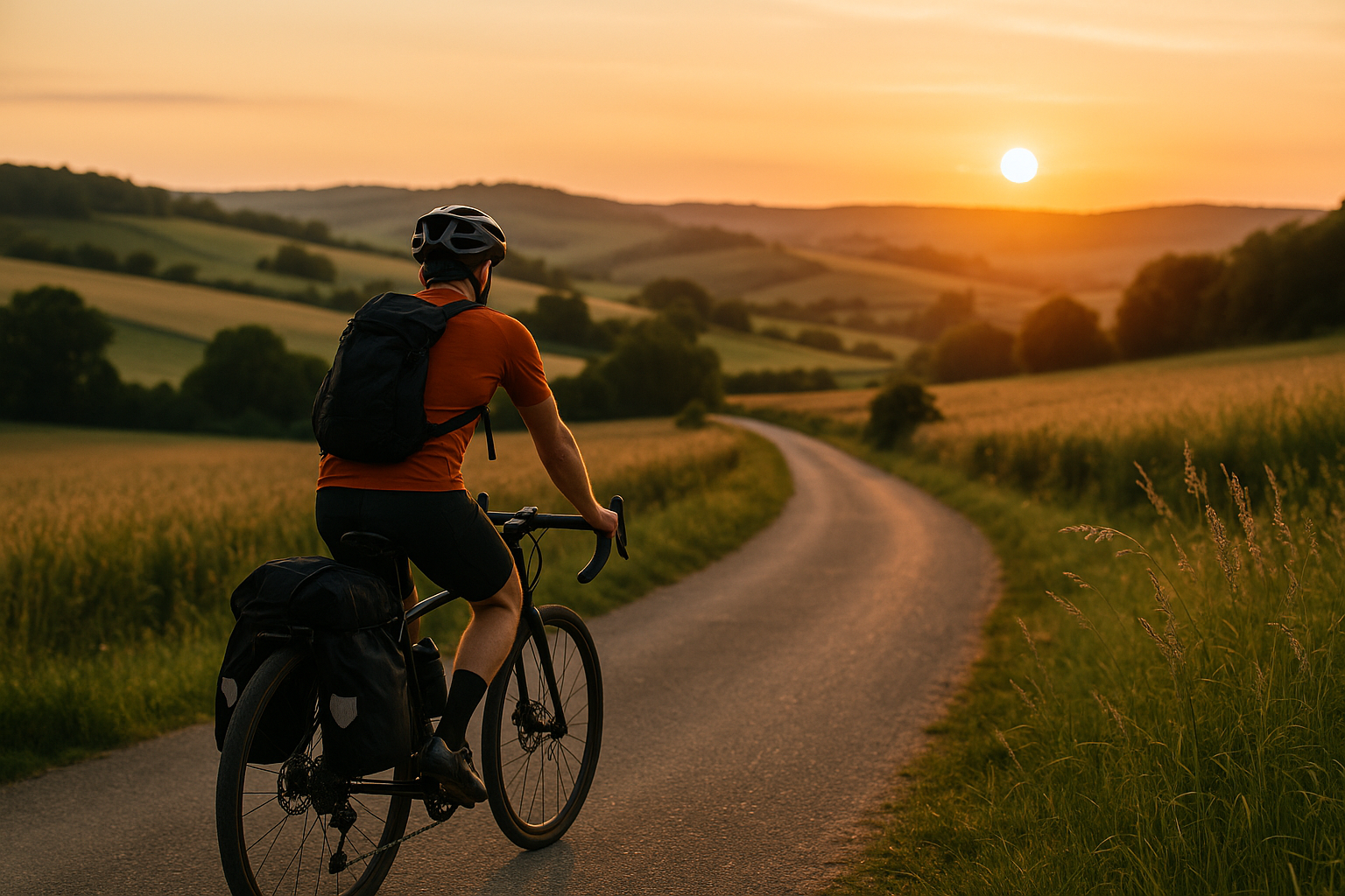Cicloturista che pedala su una strada panoramica tra colline e campi al tramonto