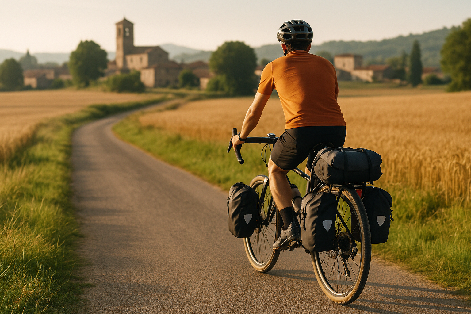 Ciclista in viaggio su strada di campagna tra campi e borghi rurali