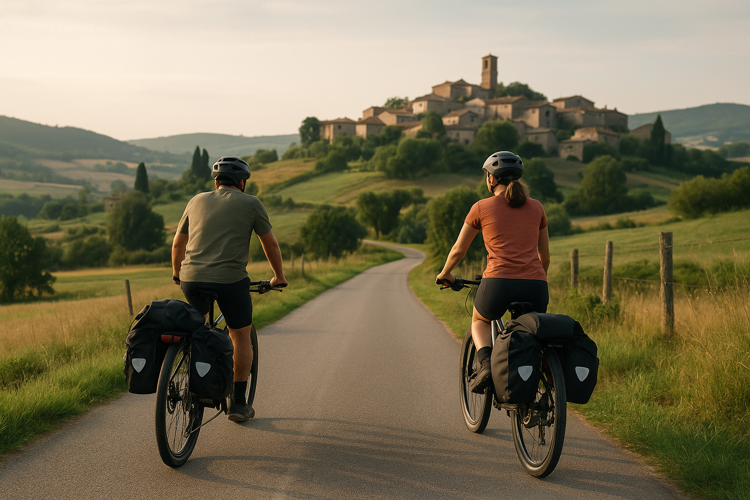 Cicloturisti in viaggio su strada di campagna tra borghi e colline